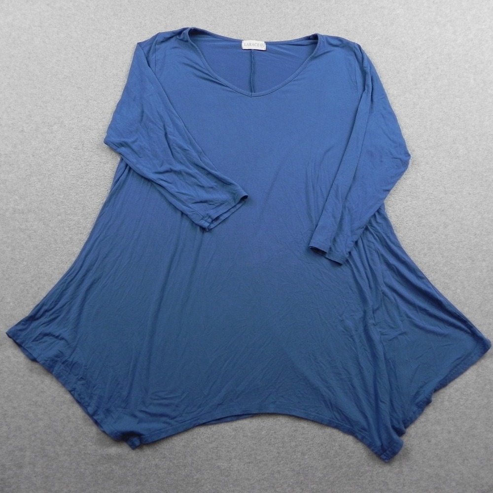 Larace Tunic Top Womens 2X Sharkbite Hem Blue V-Neck 3/4 Sleeve Blouse Shirt